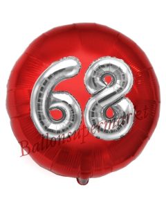 Runder Luftballon Jumbo Zahl 68, rot-silber mit 3D-Effekt zum 68. Geburtstag