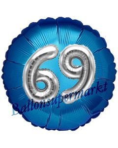 Runder Luftballon Jumbo Zahl 69, blau-silber mit 3D-Effekt zum 69. Geburtstag