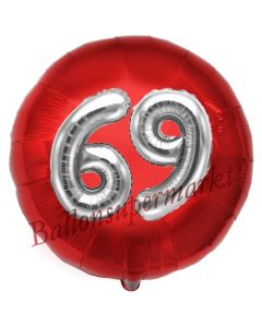 Runder Luftballon Jumbo Zahl 69, rot-silber mit 3D-Effekt zum 69. Geburtstag