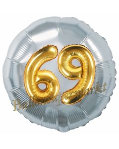 Runder Luftballon Jumbo Zahl 69, silber-gold mit 3D-Effekt zum 69. Geburtstag