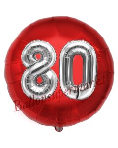 Runder Luftballon Jumbo Zahl 80, rot-silber mit 3D-Effekt zum 80. Geburtstag