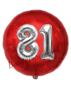 Runder Luftballon Jumbo Zahl 81, rot-silber mit 3D-Effekt zum 81. Geburtstag