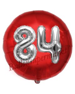 Runder Luftballon Jumbo Zahl 84, rot-silber mit 3D-Effekt zum 84. Geburtstag
