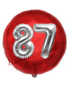 Runder Luftballon Jumbo Zahl 87, rot-silber mit 3D-Effekt zum 87. Geburtstag