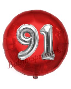 Runder Luftballon Jumbo Zahl 91, rot-silber mit 3D-Effekt zum 91. Geburtstag