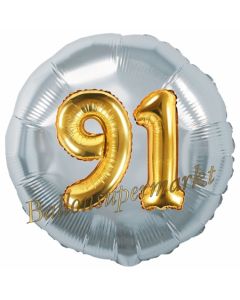 Runder Luftballon Jumbo Zahl 91, silber-gold mit 3D-Effekt zum 91. Geburtstag