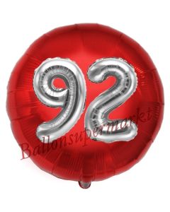 Runder Luftballon Jumbo Zahl 92, rot-silber mit 3D-Effekt zum 92. Geburtstag
