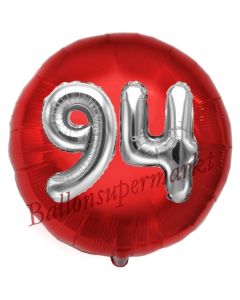 Runder Luftballon Jumbo Zahl 94, rot-silber mit 3D-Effekt zum 94. Geburtstag
