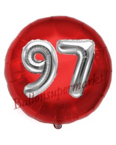Runder Luftballon Jumbo Zahl 97, rot-silber mit 3D-Effekt zum 97. Geburtstag