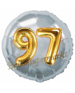 Runder Luftballon Jumbo Zahl 97, silber-gold mit 3D-Effekt zum 97. Geburtstag