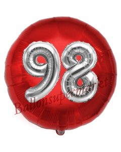 Runder Luftballon Jumbo Zahl 98, rot-silber mit 3D-Effekt zum 98. Geburtstag