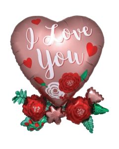 Luftballon aus Folie, I Love You, Satin Heart with Flowers ohne Helium