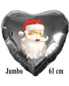 Jumbo Folienballon Weihnachtsmann zwinkert, 61 cm Herz, silber, ohne Helium/Ballongas