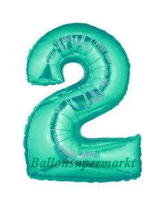 Zahlendekoration Zahl 2, Aquamarin, Folienballon Dekozahl ohne Helium