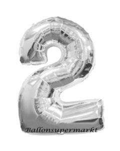 Zahlendekoration Zahl 2, Silber, Großer Luftballon aus Folie, Blau, 1 Meter hoch, Folienballon Dekozahl