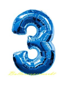 Zahl 3, Blau, Luftballon aus Folie, 100 cm