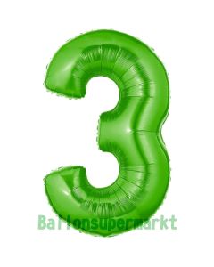Zahl 3, Grün, Luftballon aus Folie, 100 cm