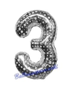 Zahlendekoration Zahl 3, Silber mit Punkten, Drei, Großer Luftballon aus Folie, 86 cm hoch, Folienballon Dekozahl