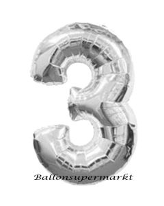 Zahlendekoration Zahl 3, Silber, Großer Luftballon aus Folie, Blau, 1 Meter hoch, Folienballon Dekozahl