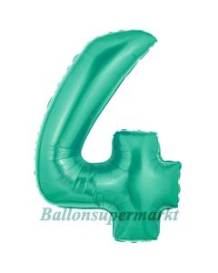 Zahlendekoration Zahl 4, Aquamarin, Folienballon Dekozahl ohne Helium