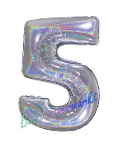 Zahlendekoration Zahl 5, holografisch, Silber, Folienballon Dekozahl ohne Helium