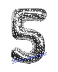 Zahlendekoration Zahl 5, Silber mit Punkten, Fünf, Großer Luftballon aus Folie, 86 cm hoch, Folienballon Dekozahl
