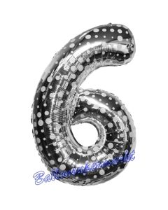 Zahlendekoration Zahl 6, Silber mit Punkten, Sechs, Großer Luftballon aus Folie, 86 cm hoch, Folienballon Dekozahl