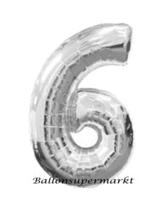 Zahlendekoration Zahl 6, Silber, Großer Luftballon aus Folie, Blau, 1 Meter hoch, Folienballon Dekozahl