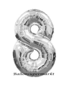 Zahlendekoration Zahl 8, Silber, Großer Luftballon aus Folie, Blau, 1 Meter hoch, Folienballon Dekozahl