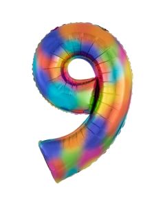 Zahlen Luftballon Zahl 9, Regenbogenfarben, Ballon aus Folie, Dekozahl ohne Helium
