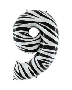 Zahl 9, Zebra Print, Luftballon aus Folie, 100 cm