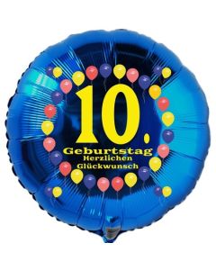 Luftballon aus Folie zum 10. Geburtstag, Herzlichen Glückwunsch Ballons 10, blau, ohne Ballongas