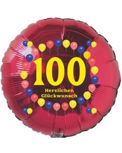 Luftballon aus Folie zum 100. Geburtstag, Herzlichen Glückwunsch Ballons 100, rot, ohne Ballongas