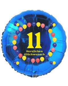 Luftballon aus Folie zum 11. Geburtstag, Herzlichen Glückwunsch Ballons 11, blau, ohne Ballongas