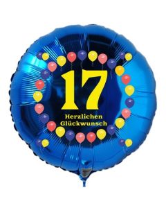 Luftballon aus Folie zum 17. Geburtstag, Herzlichen Glückwunsch Ballons 17, blau, ohne Ballongas