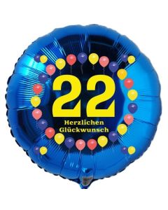 Luftballon aus Folie zum 22. Geburtstag, Herzlichen Glückwunsch Ballons 22, blau, ohne Ballongas