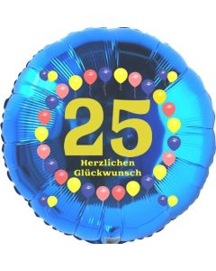 Luftballon aus Folie zum 25. Geburtstag, Herzlichen Glückwunsch Ballons 25, blau, ohne Ballongas