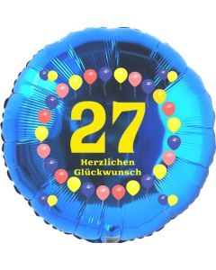 Luftballon aus Folie zum 27. Geburtstag, Herzlichen Glückwunsch Ballons 27, blau, ohne Ballongas