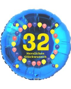 Luftballon aus Folie zum 32. Geburtstag, Herzlichen Glückwunsch Ballons 32, blau, ohne Ballongas