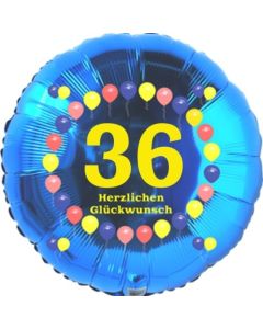 Luftballon aus Folie zum 36. Geburtstag, Herzlichen Glückwunsch Ballons 36, blau, ohne Ballongas
