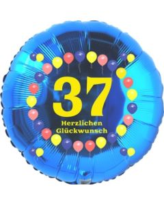 Luftballon aus Folie zum 37. Geburtstag, Herzlichen Glückwunsch Ballons 37, blau, ohne Ballongas