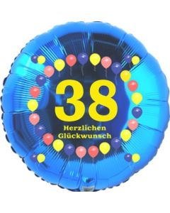 Luftballon aus Folie zum 38. Geburtstag, Herzlichen Glückwunsch Ballons 38, blau, ohne Ballongas