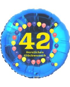 Luftballon aus Folie zum 42. Geburtstag, Herzlichen Glückwunsch Ballons 42, blau, ohne Ballongas