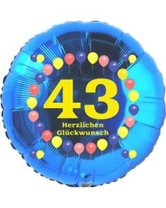 Luftballon aus Folie zum 43. Geburtstag, Herzlichen Glückwunsch Ballons 43, blau, ohne Ballongas