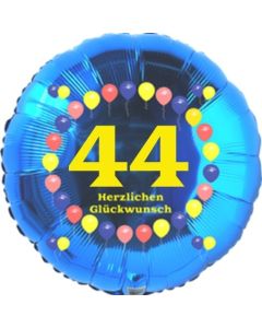 Luftballon aus Folie zum 44. Geburtstag, Herzlichen Glückwunsch Ballons 44, blau, ohne Ballongas