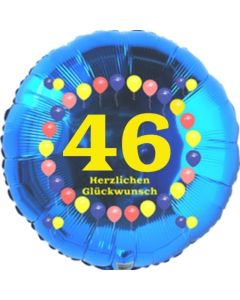 Luftballon aus Folie zum 46. Geburtstag, Herzlichen Glückwunsch Ballons 46, blau, ohne Ballongas