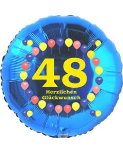 Luftballon aus Folie zum 48. Geburtstag, Herzlichen Glückwunsch Ballons 48, blau, ohne Ballongas