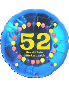 Luftballon aus Folie zum 52. Geburtstag, Herzlichen Glückwunsch Ballons 52, blau, ohne Ballongas