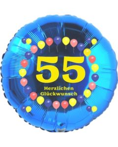 Luftballon aus Folie zum 55. Geburtstag, Herzlichen Glückwunsch Ballons 55, blau, ohne Ballongas