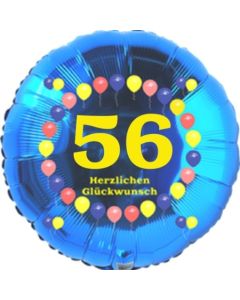 Luftballon aus Folie zum 56. Geburtstag, Herzlichen Glückwunsch Ballons 56, blau, ohne Ballongas